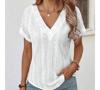 Shein Camiseta casual suelta de manga corta con cuello en V de unicolor para mujer