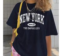 Shein Camiseta casual suelta de verano para mujer con cuello redondo, hombros descubiertos y mangas, con estampado de letra para uso diario y versátil. Blus