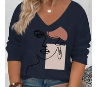 Shein Camiseta casual versátil de manga larga con cuello en V y estampado de elementos navideños, talla grande para mujer, otoño/invierno