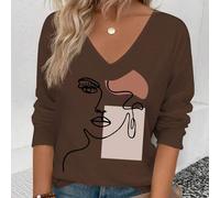 Shein Camiseta casual versátil de mujer con cuello en V, manga larga y estampado de retrato geométrico, un éxito de en otoño/invierno