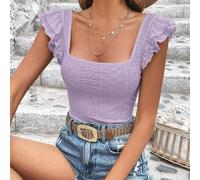 Shein Camiseta con bordado con ojal de cuello cuadrado de manga mariposa