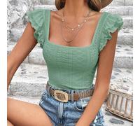 Shein Camiseta con bordado con ojal de manga mariposa de cuello cuadrado