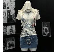 Shein Camiseta con capucha de manga corta con estampa de flor de rosa para mujer