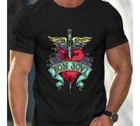Shein Camiseta con diseño de banda Bon Jovi, corazón, espada y alas, para hombre, cuello redondo, 220g/m², algodón puro, manga corta para verano (1 pieza)