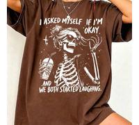 Shein Camiseta con diseño de esqueleto "Me pregunté si estoy bien", camiseta gráfica divertida y sarcástica sobre salud mental, camiseta gráfica vintage des