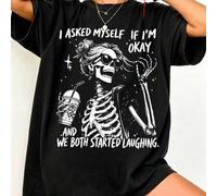 Shein Camiseta con diseño de esqueleto "Me pregunté si estoy bien", camiseta gráfica divertida y sarcástica sobre salud mental, camiseta gráfica vintage des