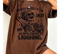 Shein Camiseta con diseño de esqueleto "Me pregunté si estoy bien", camiseta gráfica vintage con mensaje sarcástico y divertido sobre salud mental para muje
