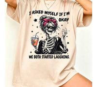 Shein Camiseta con diseño de esqueleto "Me pregunté si estoy bien", camiseta gráfica vintage con mensaje sarcástico y divertido sobre salud mental, camiseta
