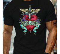 Shein Camiseta con el logo de corazón de la banda Bon Jovi, cuello redondo para hombre, 220 g/m², algodón puro de verano, manga corta (1 unidad)