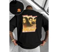 Shein Camiseta con el póster de la película Crepúsculo, algodón de alta calidad, corte holgado, estilo urbano hip-hop, cómoda, diseño gráfico, impresión a d
