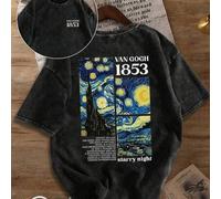 Shein Camiseta con estampado de arte "La noche estrellada" de Van Gogh con efecto desgastado, Top de manga corta retro Van Gogh 1853, Camiseta vintage, Cami
