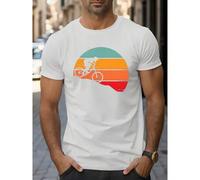 Shein Camiseta con estampado de bicicleta de montaña retro para hombres, de cuello redondo casual de manga corta, top deportivo de algodón transpirable con