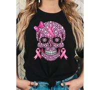 Shein Camiseta con estampado de calavera con diamante rosa para la concienciación sobre el cáncer de mama, informal de cuello redondo de manga corta, moda p