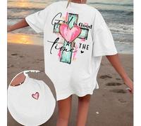 Shein Camiseta con estampado de cruz y letras "Dios es siempre bueno", casual de manga corta y cuello redondo, ropa de fe unisex, blanca de verano