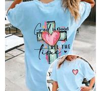 Shein Camiseta con estampado de cruz y texto "Dios siempre es bueno", de fe cristiana, de manga corta y cuello redondo, informal y unisex para el verano