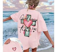 Shein Camiseta con estampado de cruz y texto "Dios siempre es bueno", de fe cristiana, de manga corta y cuello redondo, informal y de verano, en color rosa,