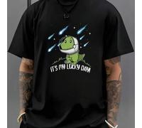 Shein Camiseta con estampado de dinosaurio y astronauta "My Lucky Day". Estampado moderno, 220 g/m², para hombre, informal, cuello redondo, puro algodón, ma