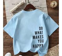 Shein Camiseta con estampado de eslogan "HAGA LO QUE LE HACE FELIZ" para niña preadolescente, top de verano de moda, adecuado para uso diario, vacaciones y