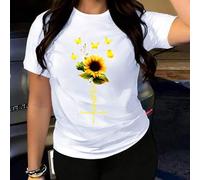 Shein Camiseta con estampado de girasoles y la palabra "Fe", cómoda y con un toque motivador. Esta camiseta floral es ideal para el día a día. De manga cort