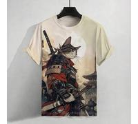 Shein Camiseta con estampado de guerrero samurái gato con funda de espada
