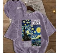 Shein Camiseta con estampado de "La Noche Estrellada" de Van Gogh, Camiseta de manga corta retro de Van Gogh 1853, Camiseta retro de cuello redondo, Prenda