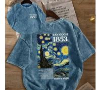 Shein Camiseta con estampado de "La Noche Estrellada" de Van Gogh, Parte superior de manga corta retro de Van Gogh 1853, Camiseta retro, Camiseta de cuello