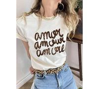 Shein Camiseta con estampado de letra "Amour" y estampado de leopardo, camiseta casual de mujer de cuello redondo y manga corta, atuendo de primavera/verano