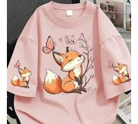 Shein Camiseta con estampado de mariposa & zorro, top casual de verano para mujer talla grande rosa
