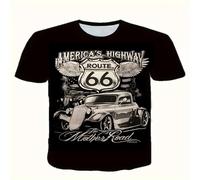 Shein Camiseta con estampado de patrón de coche vintage Ruta 66, camiseta casual de estilo callejero para hombre con cuello redondo y estiramiento para ver