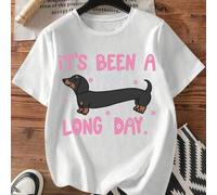 Shein Camiseta con estampado de perro salchicha "It's Been A Long Day", camiseta casual de algodón para mujer, regalo divertido para amantes de los perros.