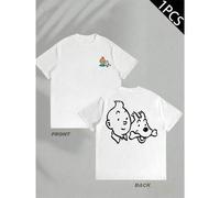 Shein Camiseta con estampado de perro Tintín, otoño. Algodón suave, corte holgado, transpirable, informal, estampado llamativo, recién llegada, impresión a