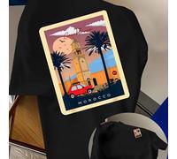 Shein Camiseta con estampado de póster retro de Marruecos, camiseta informal para hombre al estilo de un recuerdo de viaje del norte de África, ilustración