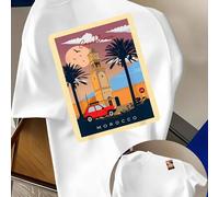 Shein Camiseta con estampado de póster retro de Marruecos, camiseta informal para hombre al estilo de un recuerdo de viaje del norte de África, ilustración