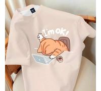 Shein Camiseta con estampado divertido de gato naranja "Estoy bien" para hombres de talla grande | Color beige claro para tez clara, corte relajado y casual