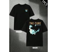 Shein Camiseta con estampado floral de The Cure, tejido de alta calidad, cuello redondo, corte holgado, estampado artístico, impresión a doble cara.