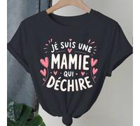 Shein Camiseta con estampado "Soy una abuela llorando" - Cuello redondo casual, parte superior de manga corta con decoración de corazón, adecuada para prima