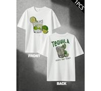 Shein Camiseta con estampado "Tequila Therapy", informal, de cuello redondo y doble cara, para hombre, 220 g/m² de algodón (1 unidad)