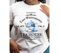 Shein Camiseta con estampado vintage de casa de té británica para mujer, talla regular, diseño de Lady Whistledown "Spirling the Tea Since 1813". Camiseta i