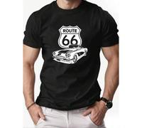 Shein Camiseta con gráfico de coche clásico de la Ruta 66 para hombre - Azul marino, informal, de manga corta, cuello redondo, ligera y transpirable, ideal
