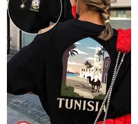 Shein Camiseta con ilustraciones de una ciudad tunecina, estilo viajero del norte de África, camiseta informal de manga corta de algodón puro, ropa de veran