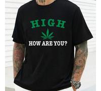 Shein Camiseta con motivos de hojas (High How Are You), camiseta de cuello redondo para hombre, 220 g/m², para verano, de puro algodón, manga corta (1 pieza