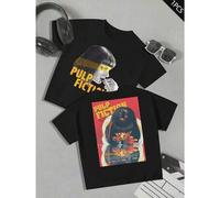 Shein Camiseta con póster de la película Pulp Fiction, para hombre, con estampado de doble cara, cuello redondo, estilo informal, de algodón de 220 g/m² (1
