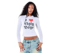 Shein Camiseta corta ajustada de cuello redondo y manga larga con estampado gráfico "I Love Ugly Boys", texto gótico, declaración, otoño invierno