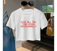Shein Camiseta corta blanca de manga corta y cuello redondo estilo Y2K para mujer con gráfico "Always Kissing, Occasionally Partying", casual de verano, mer
