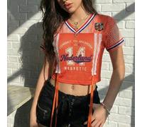 Shein Camiseta corta casual para mujer con cuello en V, red holandesa y patchwork de encaje, adecuada para estilo callejero, top de primavera/verano, Copa d