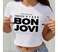 Shein Camiseta corta con botones a la moda para mujer Bon Jovi Band FOREVER TOUR Top clásico con botones cortos negros