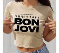 Shein Camiseta corta con botones a la moda para mujer Bon Jovi Band FOREVER TOUR Top clásico con botones cortos negros