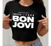 Shein Camiseta corta con botones a la moda para mujer Bon Jovi Band FOREVER TOUR Top clásico con botones cortos negros