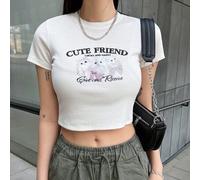 Shein Camiseta corta con gráfico de gato y eslogan AMIGO LINDO, AFORTUNADO Y FELIZ, dar y recibir