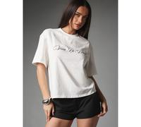 Shein Camiseta corta de cuello redondo y corte cuadrado con estampado de letra cursiva Viva La Diva en el pecho, top casual de manga corta para uso diario y